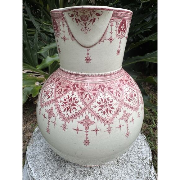 Antique Sarreguemines “Calcutta” Pitcher Red Transferware French Faeince 9” - Picture 8 of 15